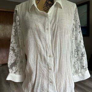 Unique Spectrum White Floral Lace Sleeve Button Down Shirt